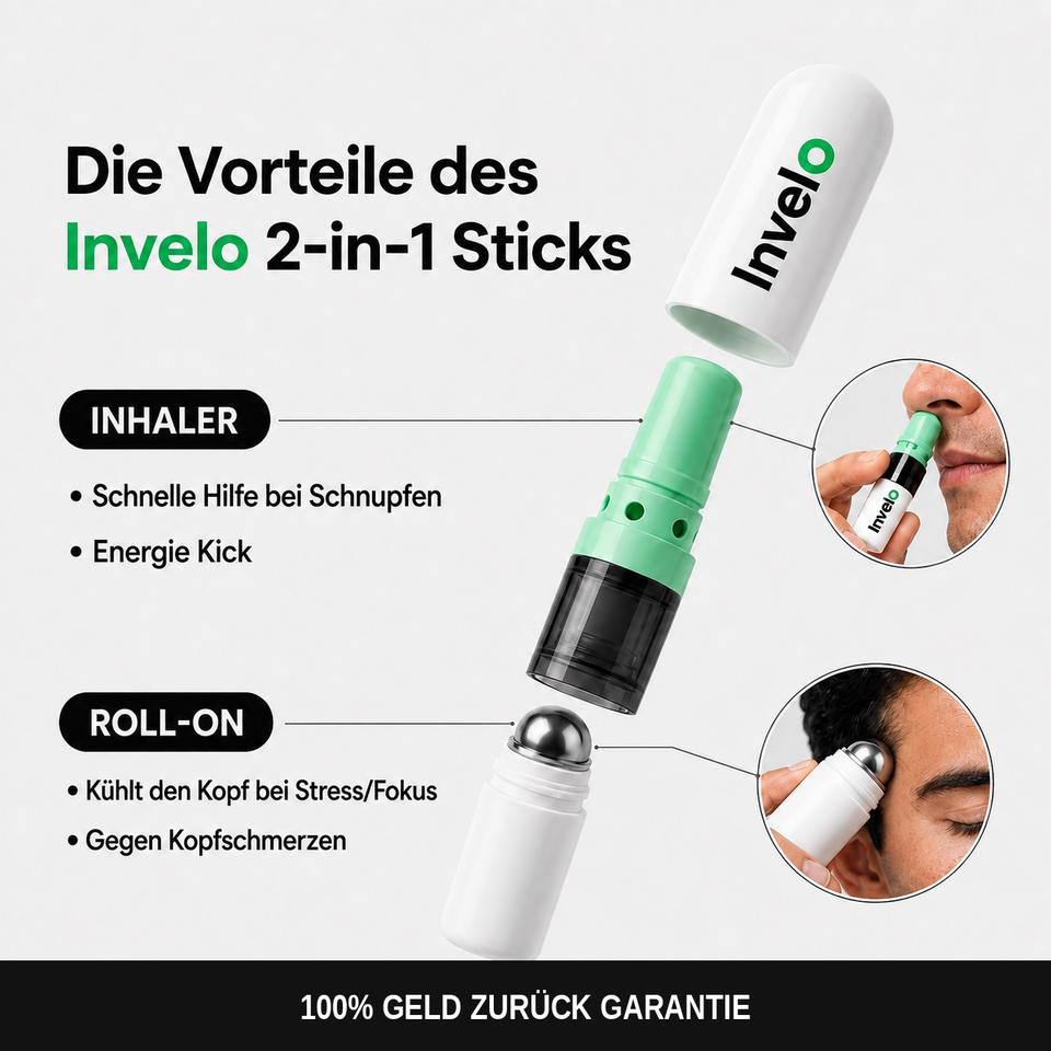 Übersicht zum Invelo 2-in-1 Inhaler und Roll-On
